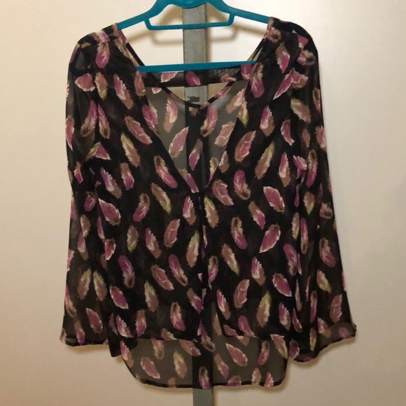 Black sheer top with a feather print. - Picture 3 of 5